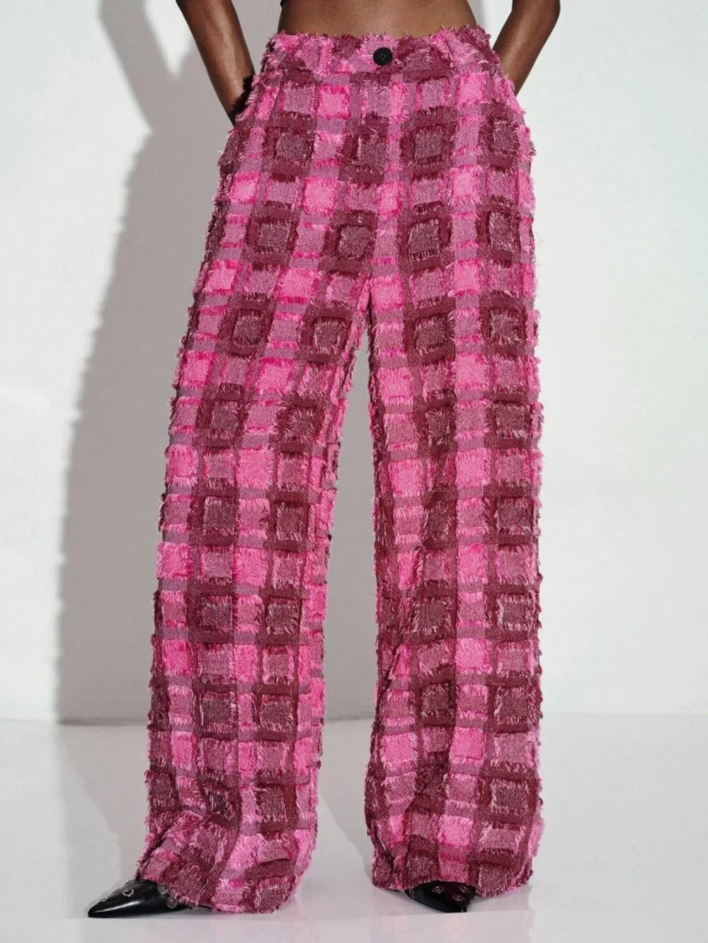 Hot Pink Party Women's Tassel Cut-Out Plaid Wide Leg Long Pants